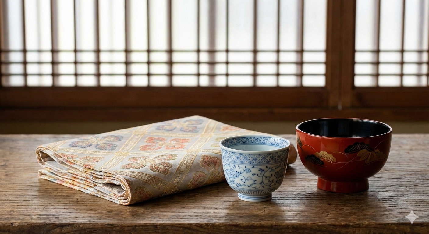 京都の伝統工芸と伝統産業（西陣織、清水焼、京漆器）の集合写真